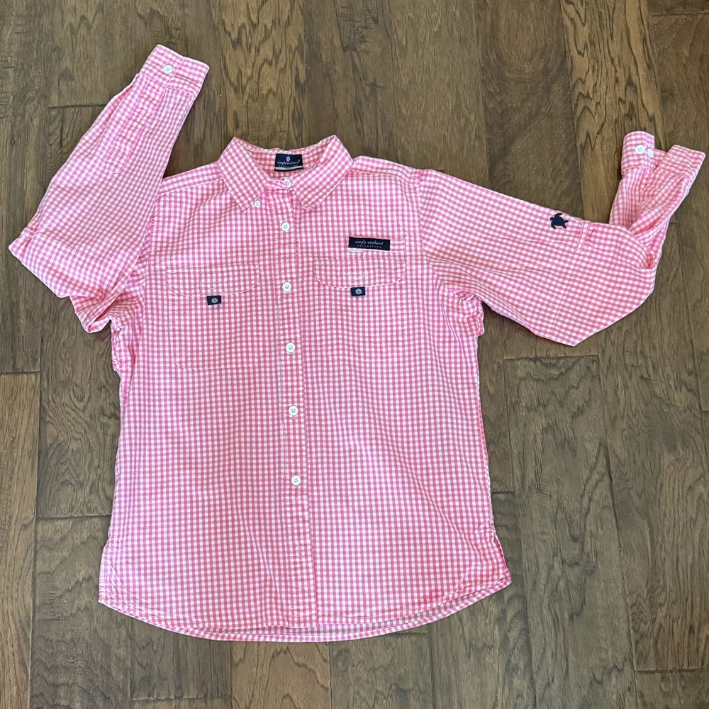 Simply Southern Long Sleeve Gingham Pink Fishing Dock Shirt